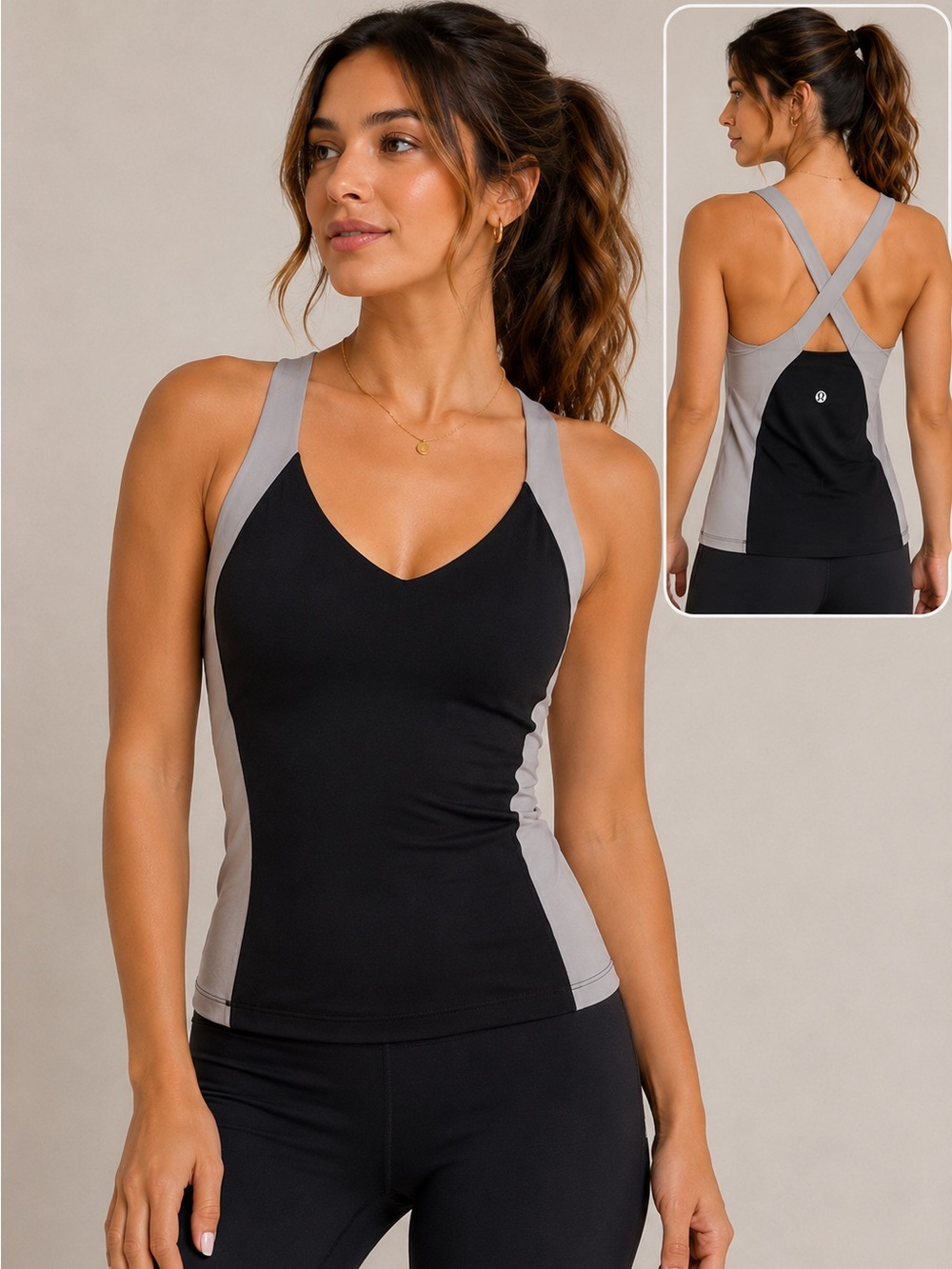 lululemon athletica Black and Light Gray V-Neck Athletic Tank